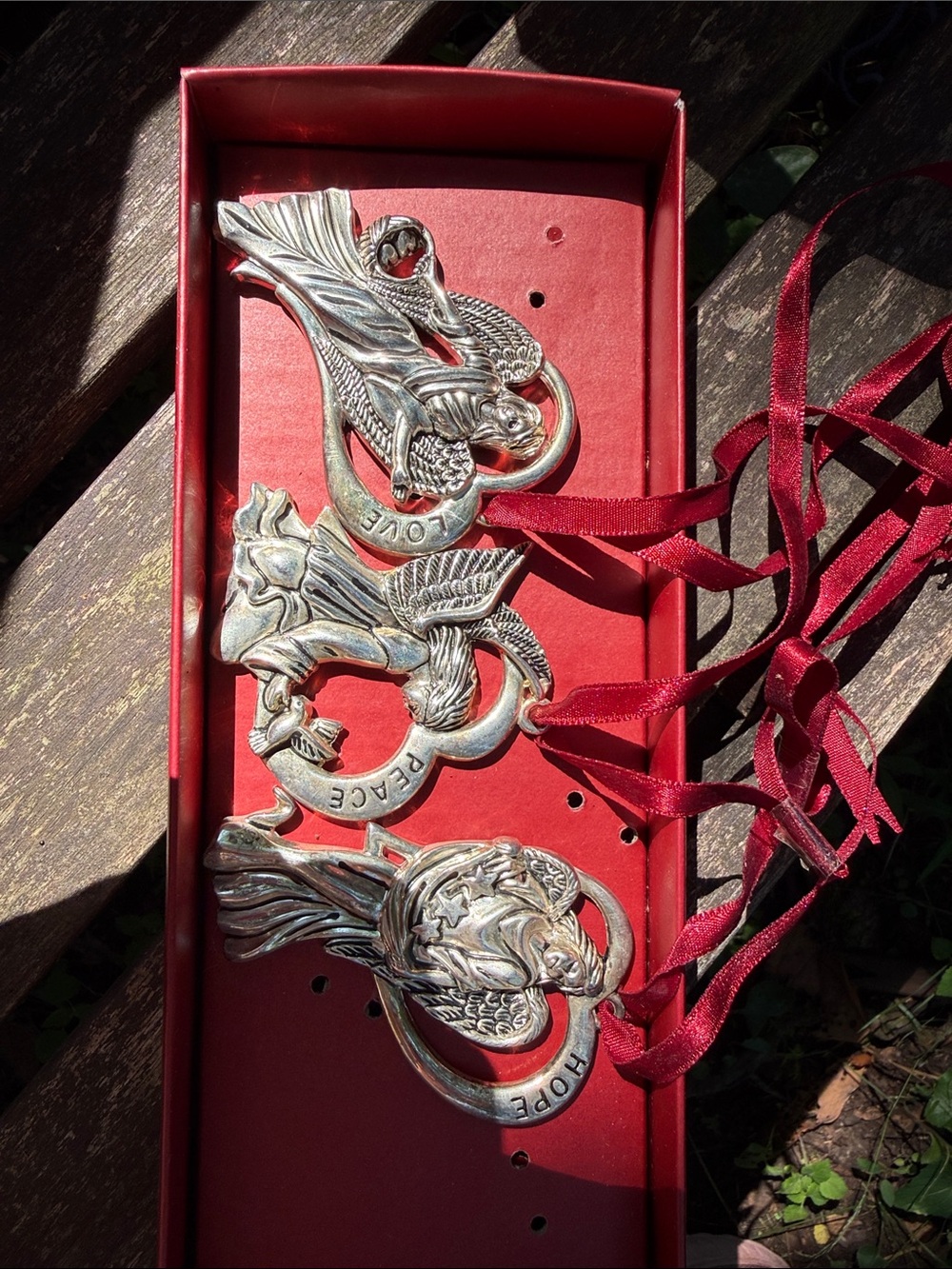Gorham Silver Plated Angel Ornaments with Red Ribbon Accents Hope Peace Love